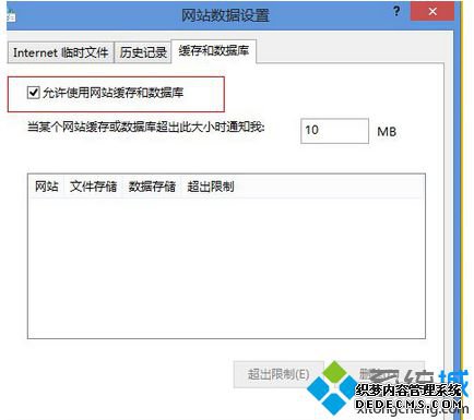 勾选允许使用网站缓存和数据库